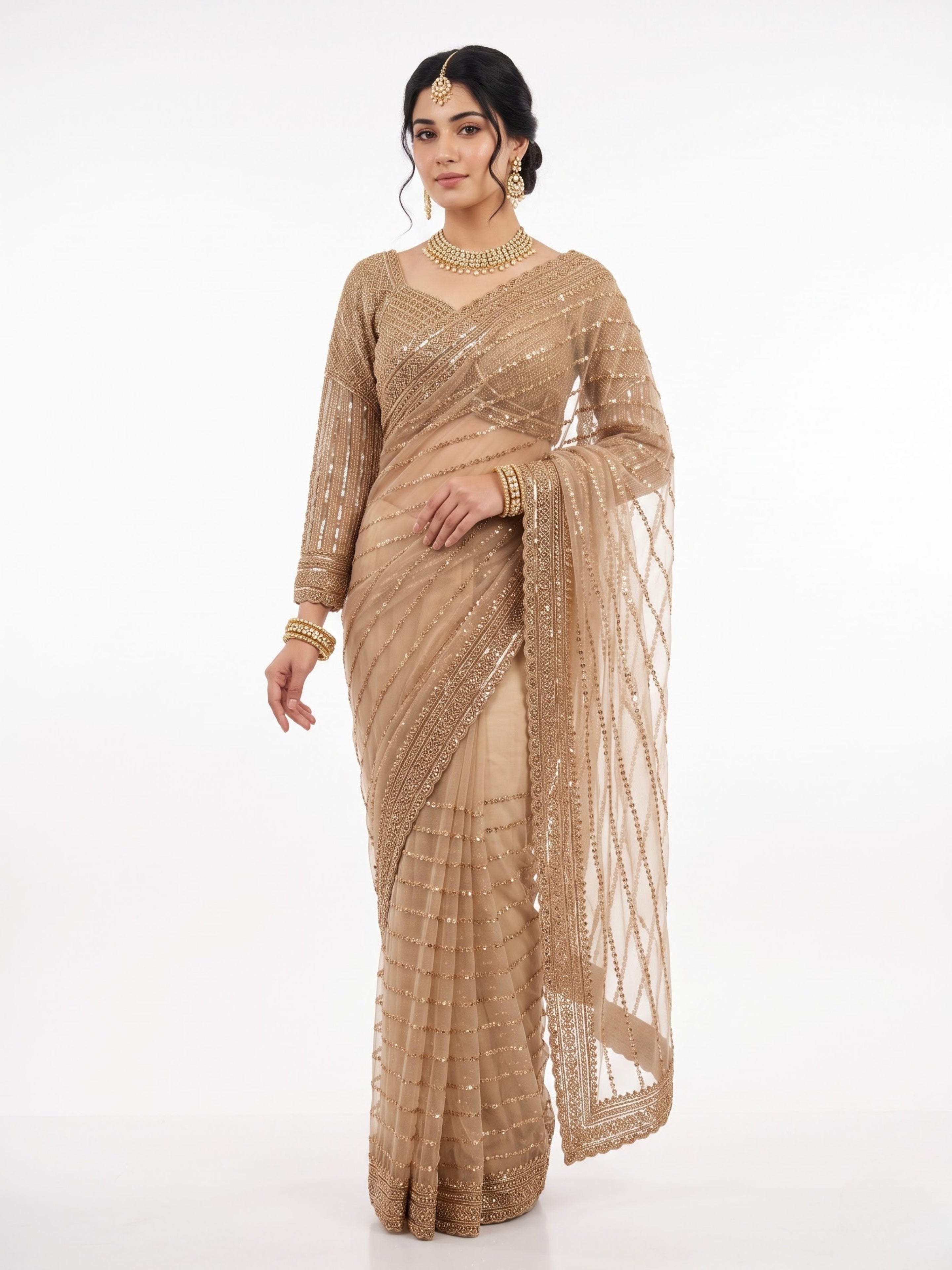 Golden Net Saree Crafted With Fine Cutdana & Sequins Highlights