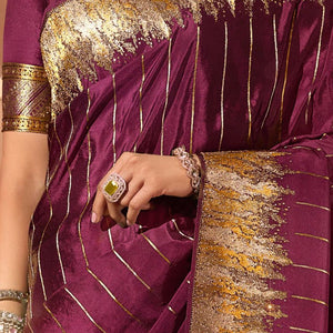 Wine Silk Satin Saree with Swarovski Work