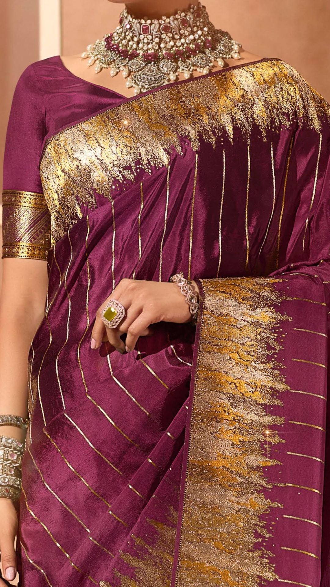 Wine Silk Satin Saree with Swarovski Work