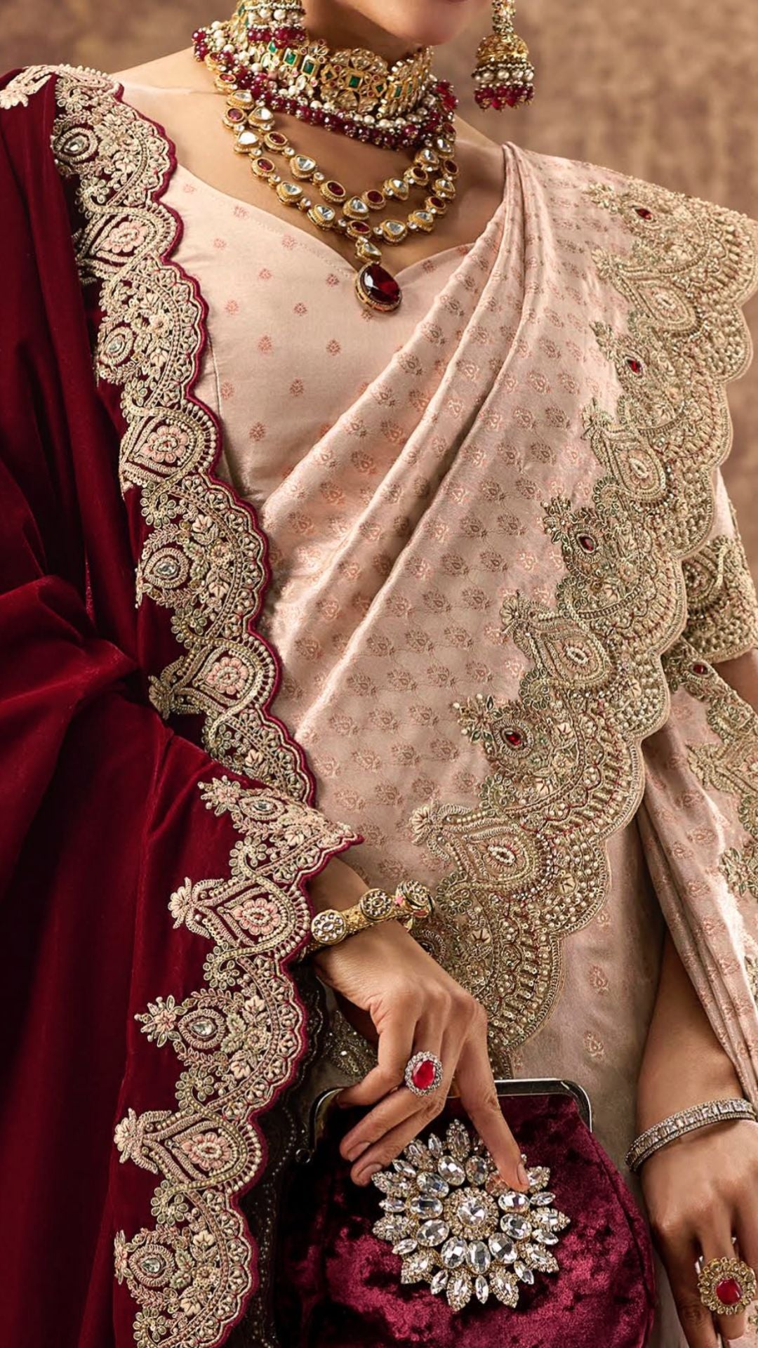 Peach Kanjivaram Silk Saree with Zardosi Work and Velvet Dupatta