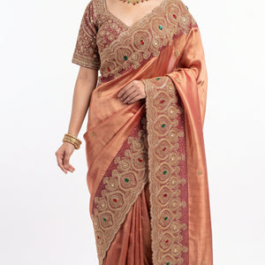 Beautiful Copper Peach Banarasi Saree Embellished With Sequins & Cut Dana Work