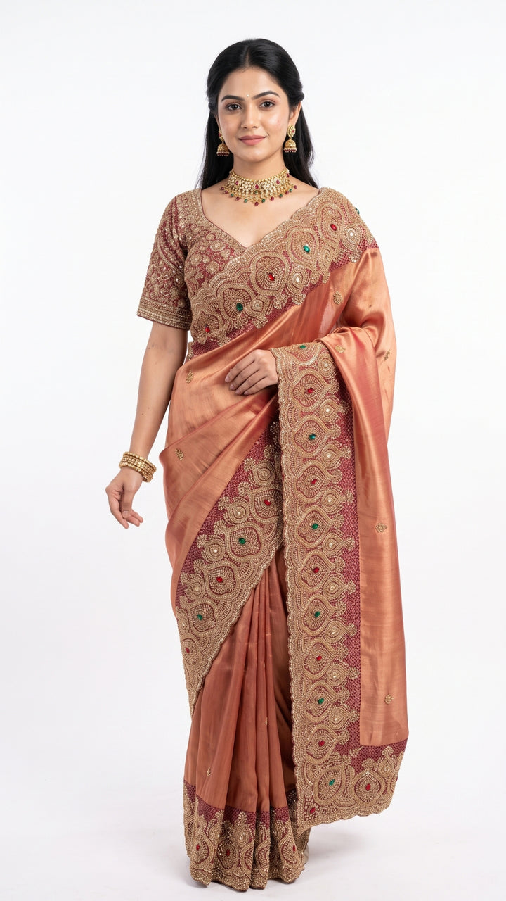 Beautiful Copper Peach Banarasi Saree Embellished With Sequins & Cut Dana Work