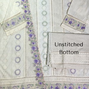 White Blue Digital Printed Chikankari Semi Stitched Suit With Thread Work