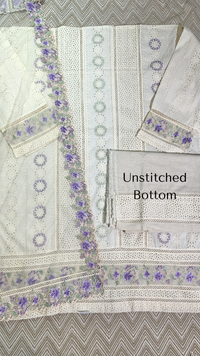 White Blue Digital Printed Chikankari Semi Stitched Suit With Thread Work
