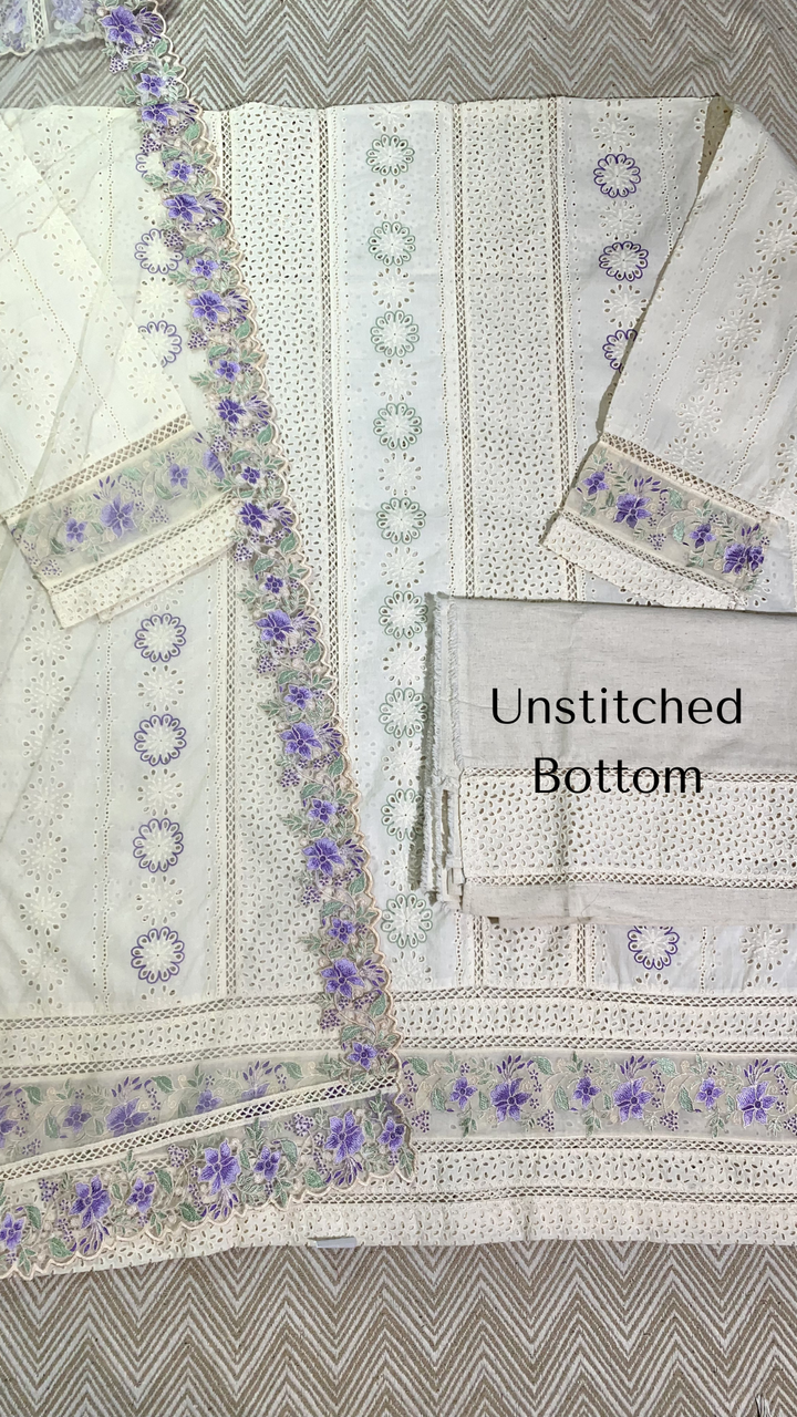 White Blue Digital Printed Chikankari Semi Stitched Suit With Thread Work