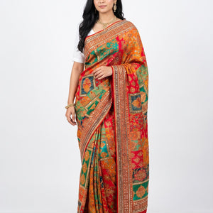 Multicolour Silk Unstitched Saree Embellished With Sequins, Mirror, Stone & Swarovski Work