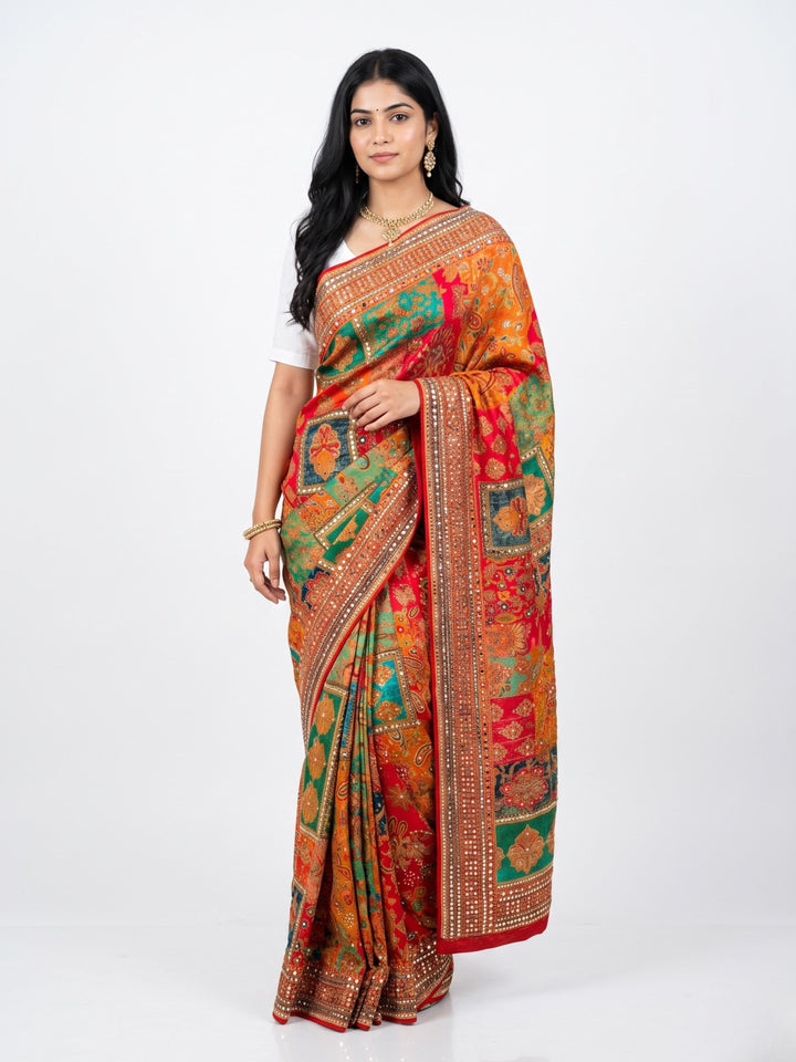 Multicolour Silk Unstitched Saree Embellished With Sequins, Mirror, Stone & Swarovski Work