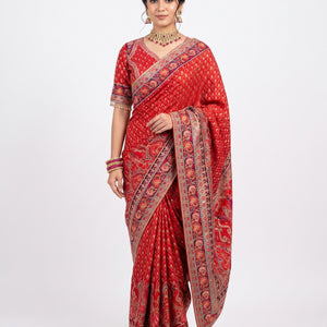 Maroon Digital Printed Silk Ready Made Saree Embellished With Sequins & Zari Work