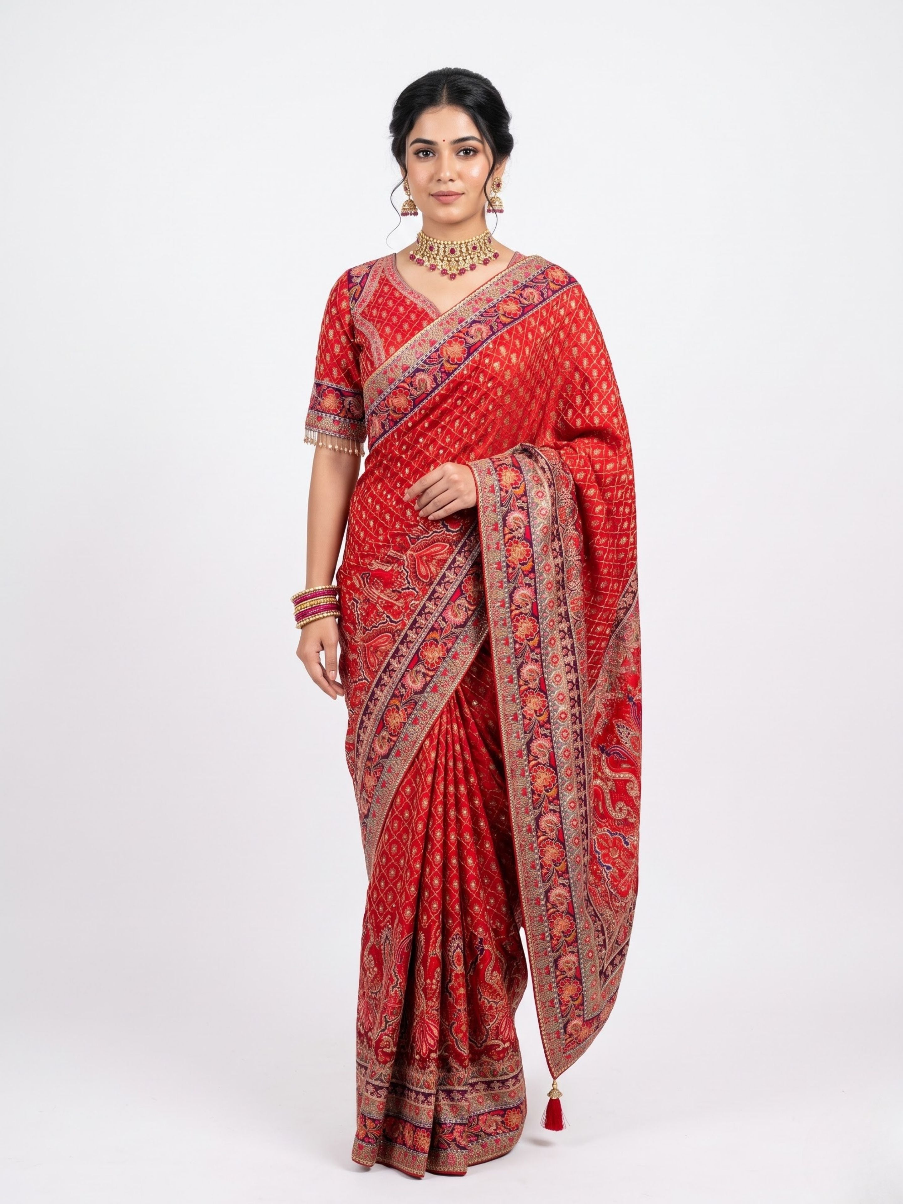 Maroon Digital Printed Silk Ready Made Saree Embellished With Sequins & Zari Work