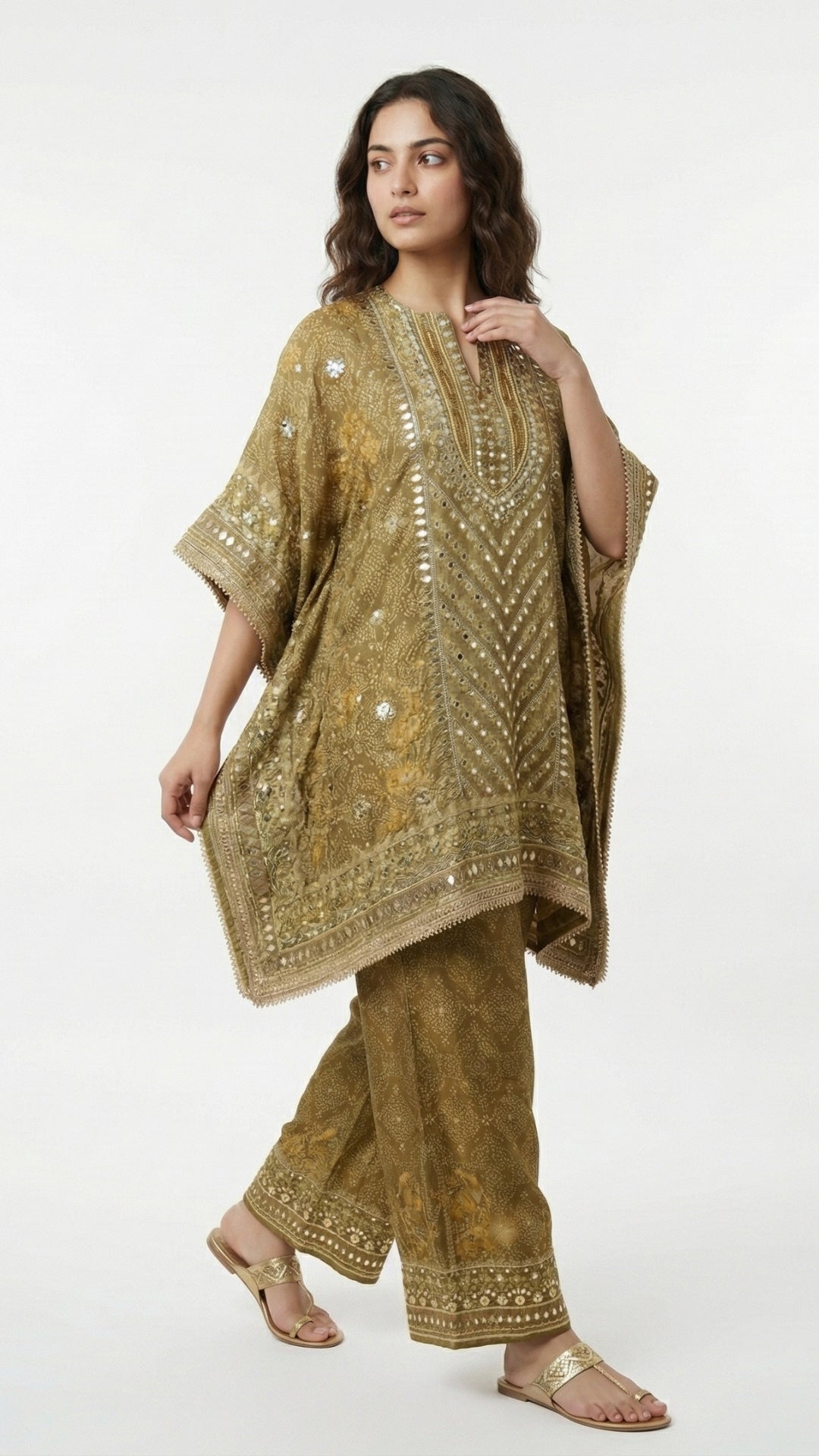 Antique Gold Tissue Kaftan Coord Set with Gota Patti, Digital Print & Sequin Detailing