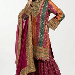 Rani Pink Tissue Indowestern with Sequins, Gota Patti, Stone & Moti Latkan Detailing