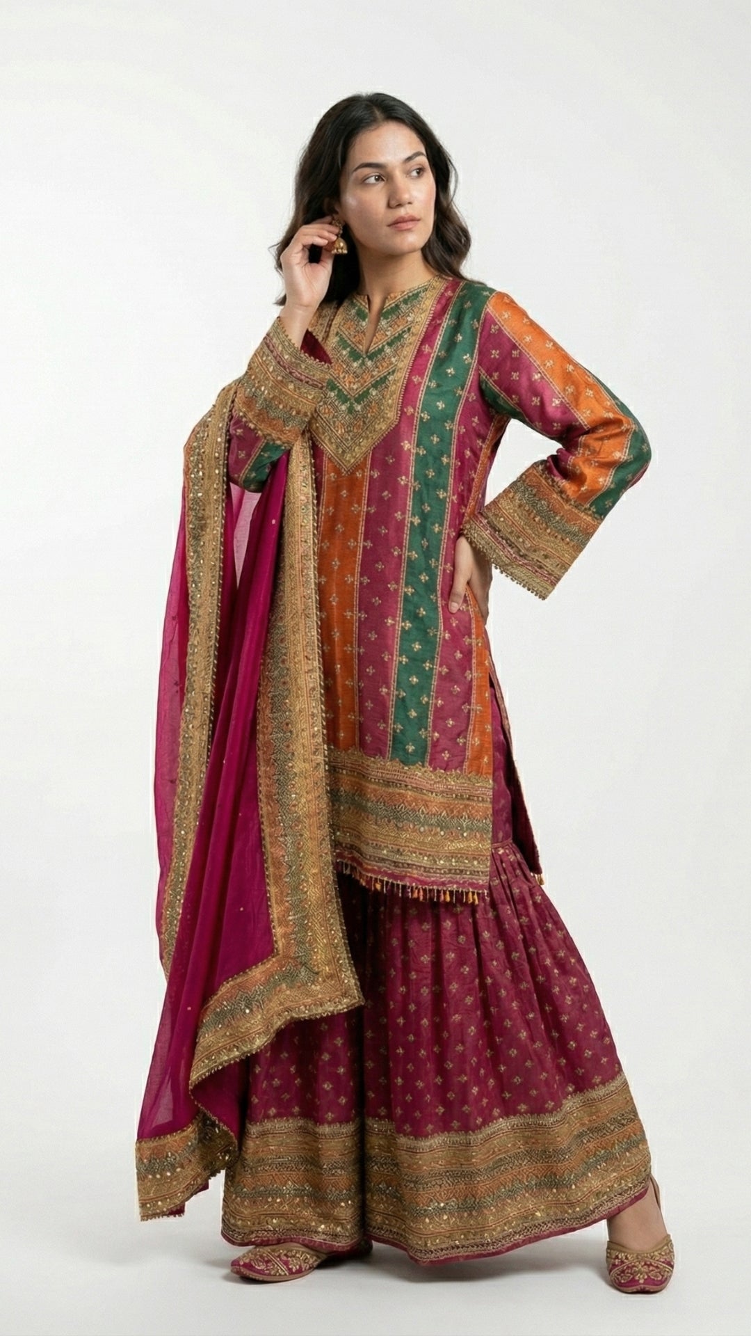 Rani Pink Tissue Indowestern with Sequins, Gota Patti, Stone & Moti Latkan Detailing