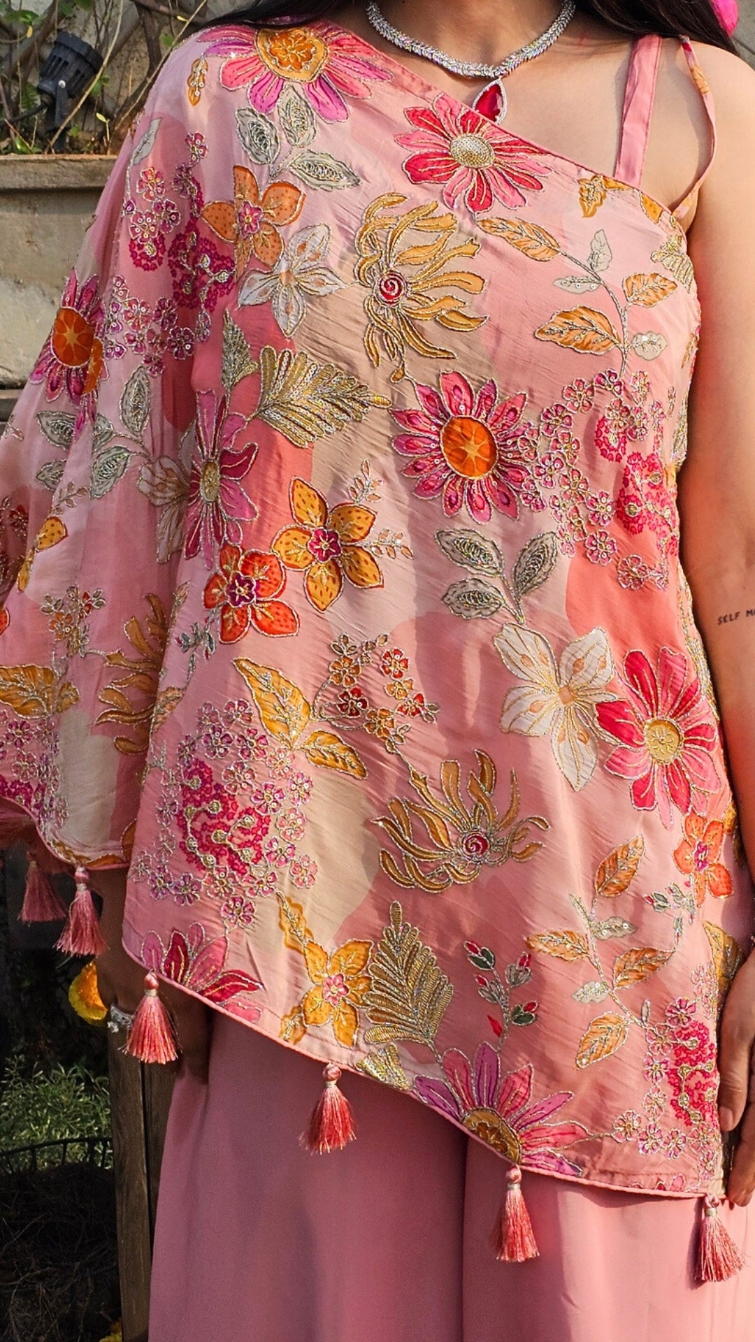 Pink Crepe Indo-Western with Zari, Sequin & Hand Print