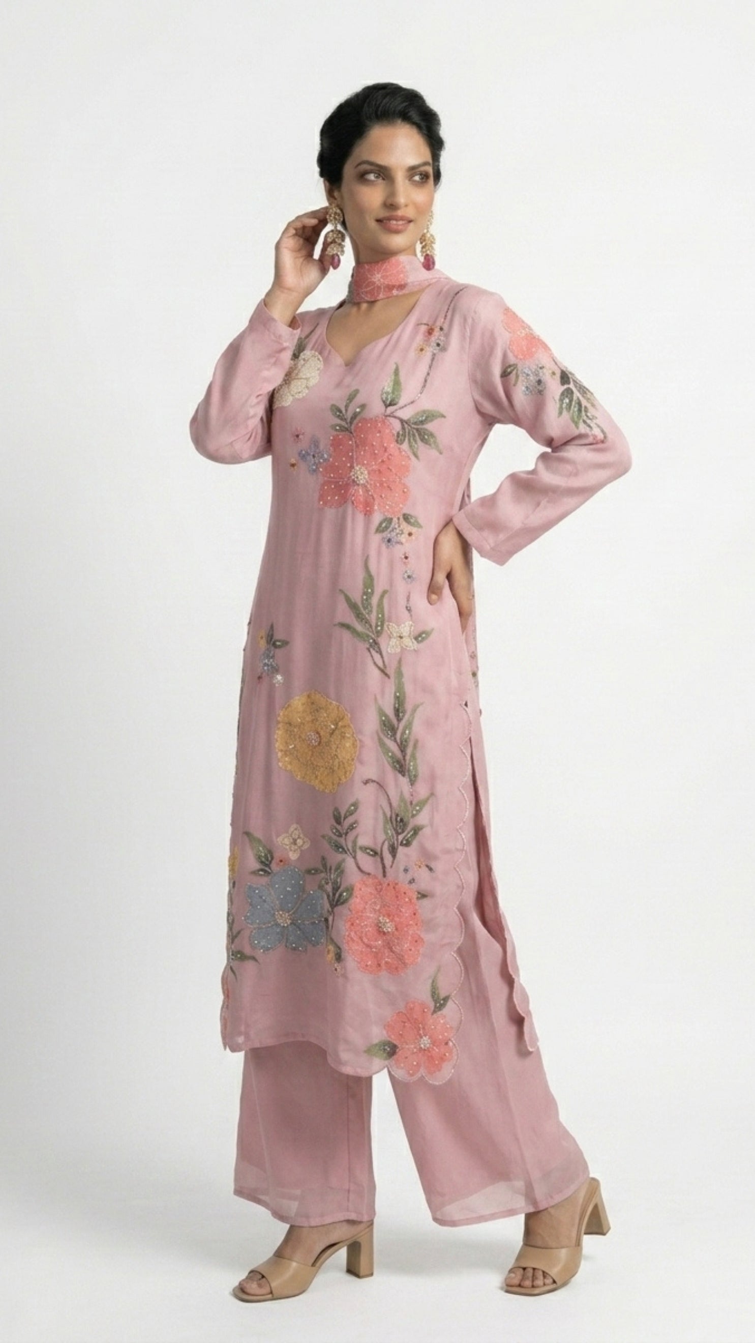 Printed Soft Organza Suit with Moti & Cutdana Detailing