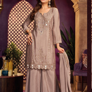 Ash Beige Chinon Suit, Sharara And Dupatta with Zari, Cutdana, Sequins and Mirror Work