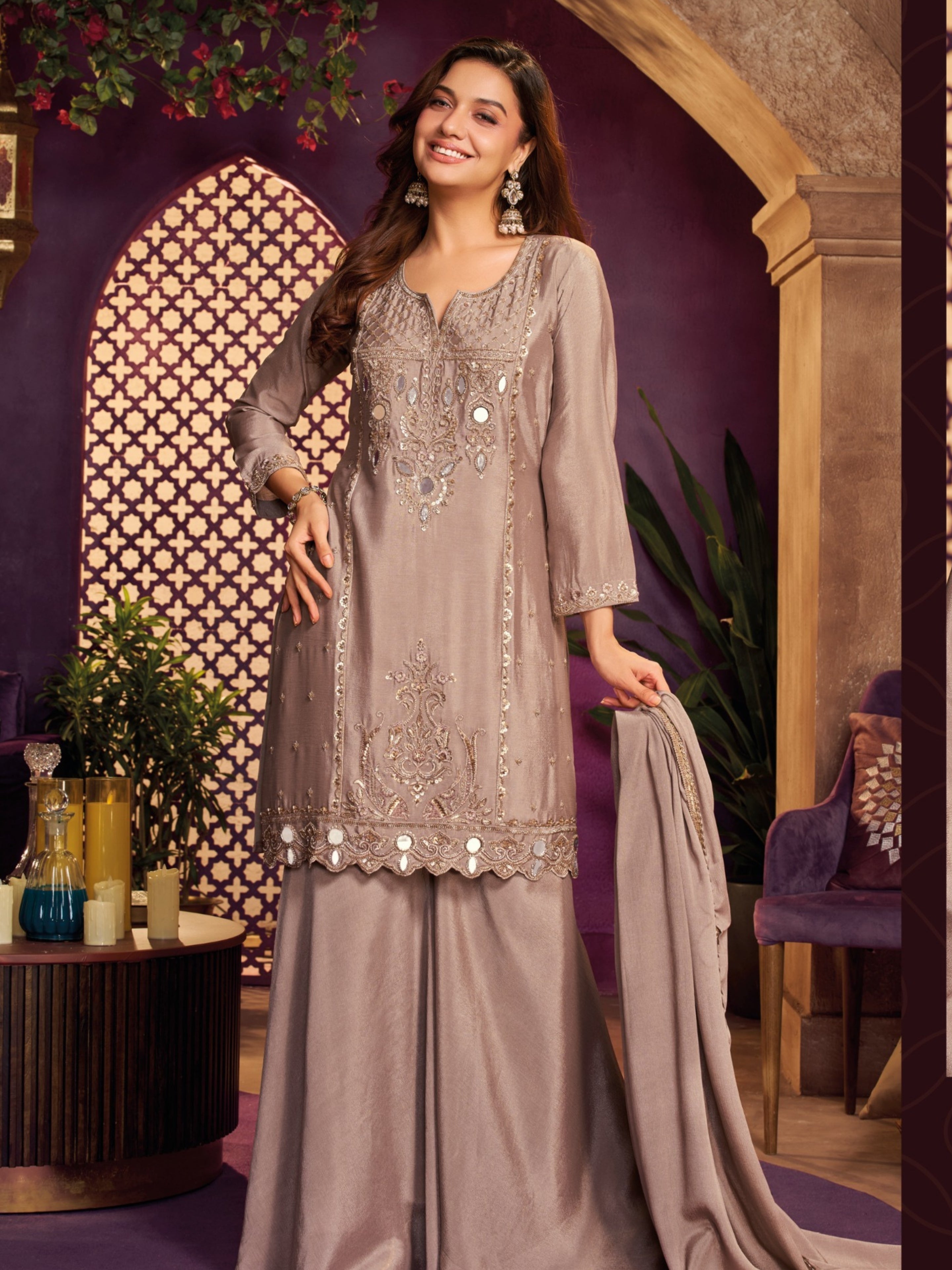 Ash Beige Chinon Suit, Sharara And Dupatta with Zari, Cutdana, Sequins and Mirror Work