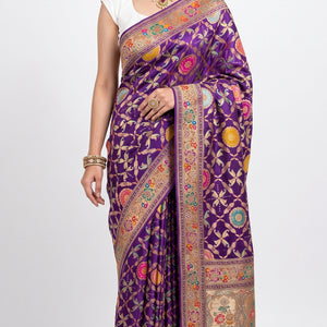 Purple Banarasi Silk Satin Unstitched Saree with Dabka, Sequins & Cut Dana Work