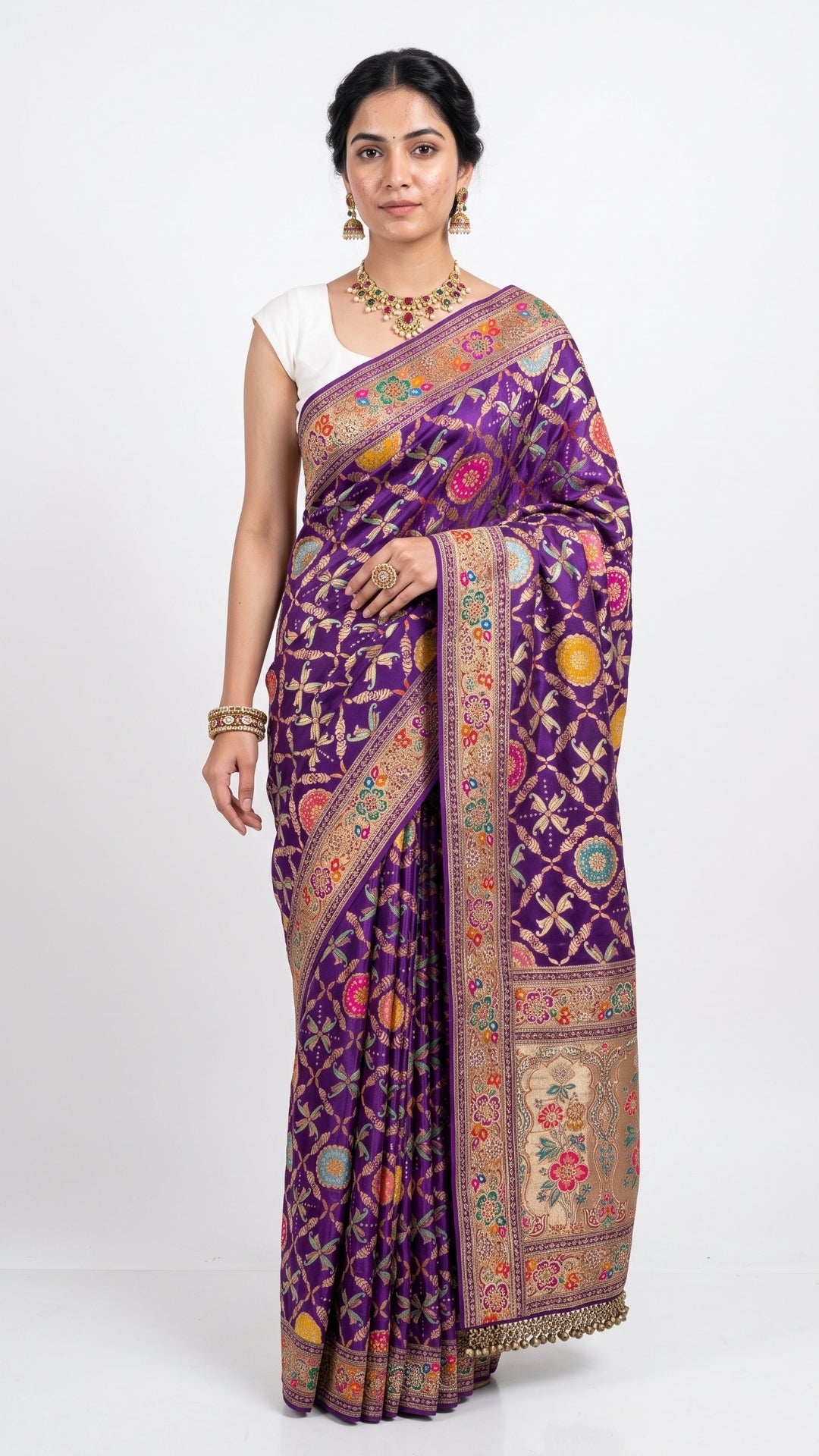 Purple Banarasi Silk Satin Unstitched Saree with Dabka, Sequins & Cut Dana Work