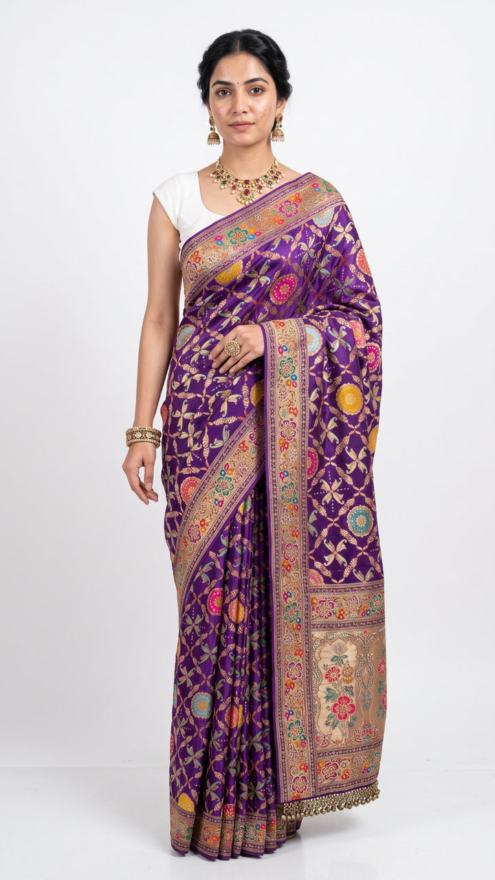 Purple Banarasi Silk Satin Unstitched Saree with Dabka, Sequins & Cut Dana Work