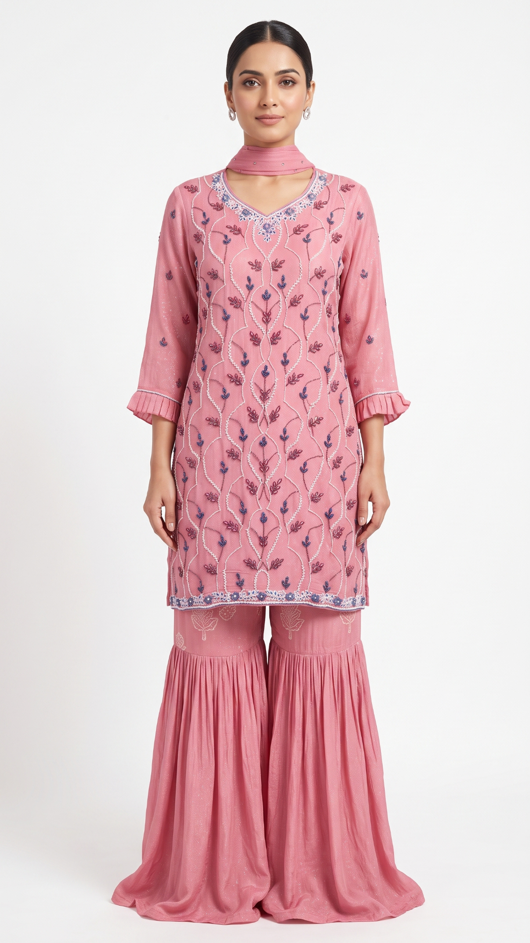 Pink Chinon Fabric Cutdana & Thread work Sequins