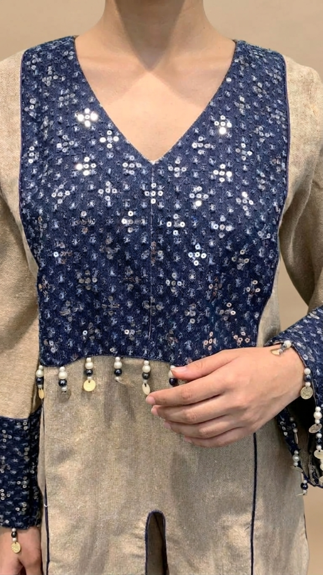 Beige and Blue Jute Coord Set with Sequins Work