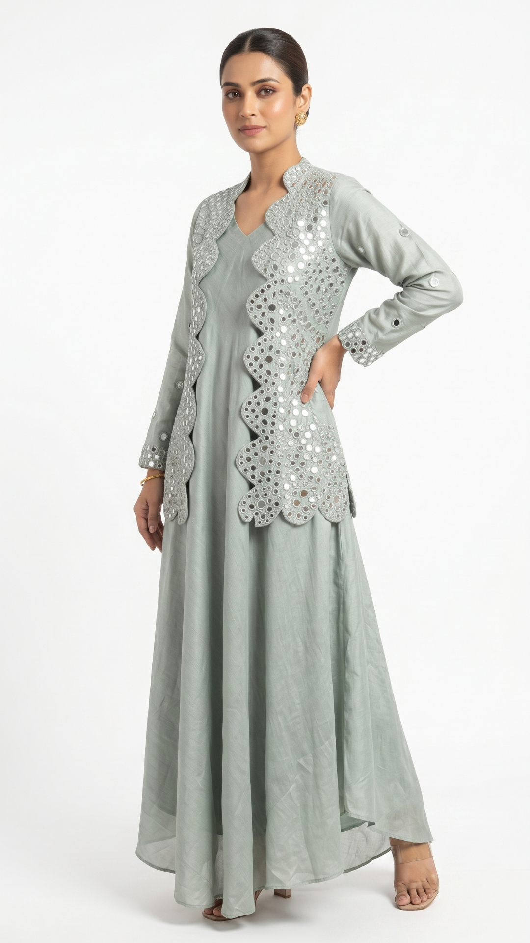 Saga Green Raw Silk Mirror Thread Work Sequins