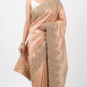 Peach Pure Banarasi Unstitched Saree with Sequins, Swarovski & Zari Work