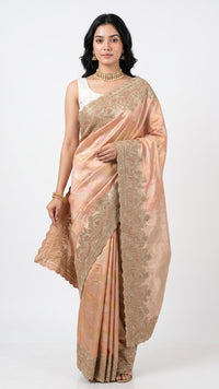 Peach Pure Banarasi Unstitched Saree with Sequins, Swarovski & Zari Work