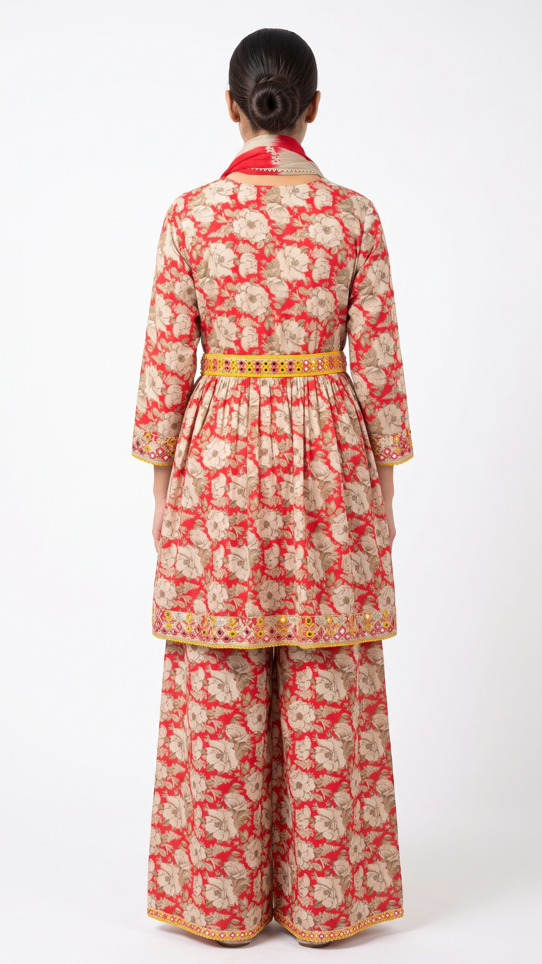 Green Cotton Peplum , Thread Work With Mirror Work & Zari Sequins Red