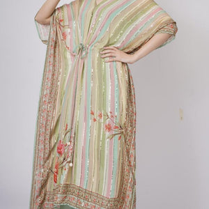 Multicolor Green Georgette Kaaftan with Mirror and Sequins Work
