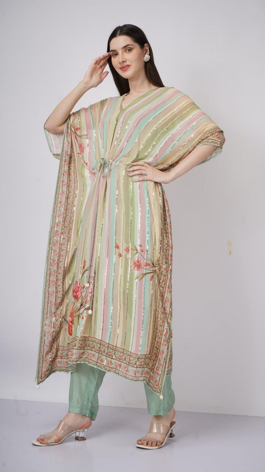 Multicolor Green Georgette Kaaftan with Mirror and Sequins Work