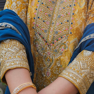 Peacock Blue & Mustard Ombre Georgette Banarasi Zari & Sequin Work
