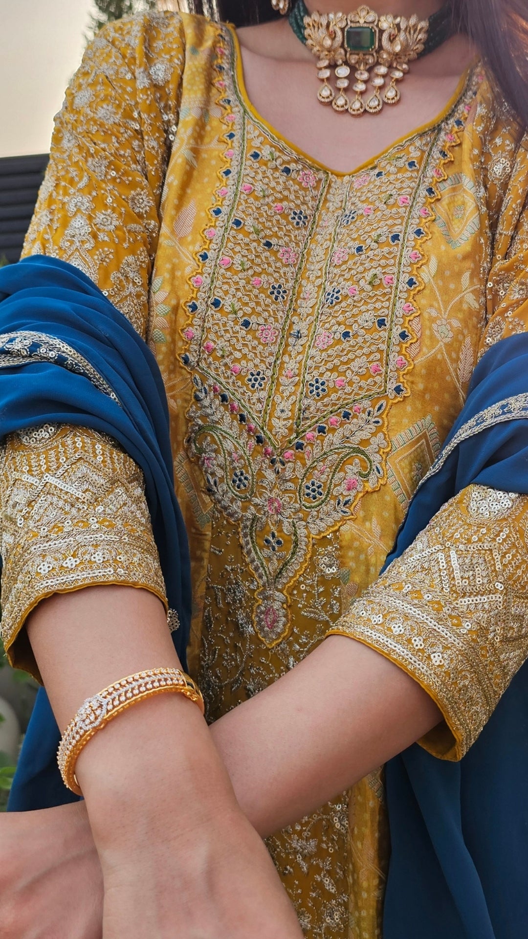 Peacock Blue & Mustard Ombre Georgette Banarasi Zari & Sequin Work