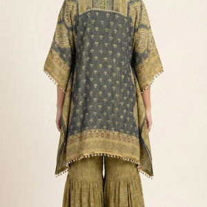 Navy Blue Wrinkled Tissue Digital Printed Kaaftan with Mirror Detailing and Gharara