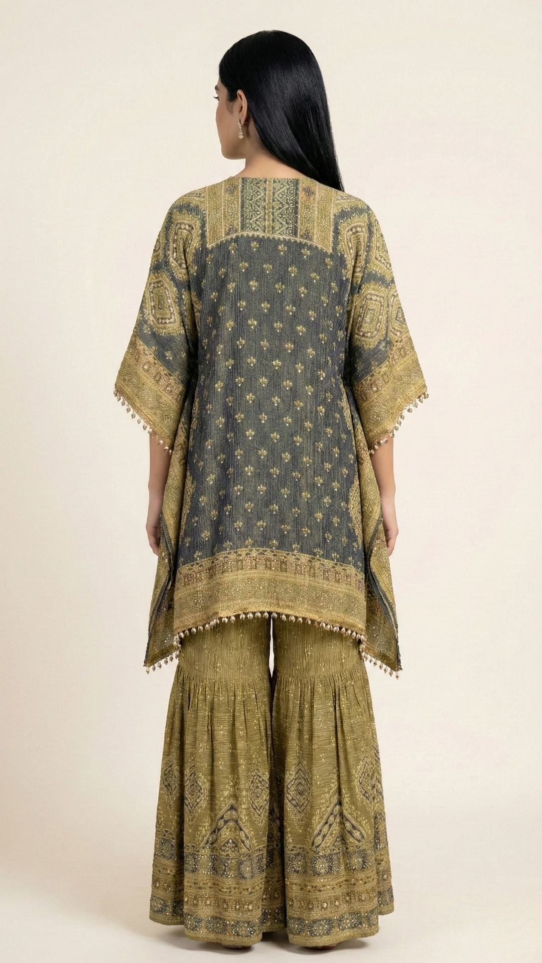 Navy Blue Wrinkled Tissue Digital Printed Kaaftan with Mirror Detailing and Gharara