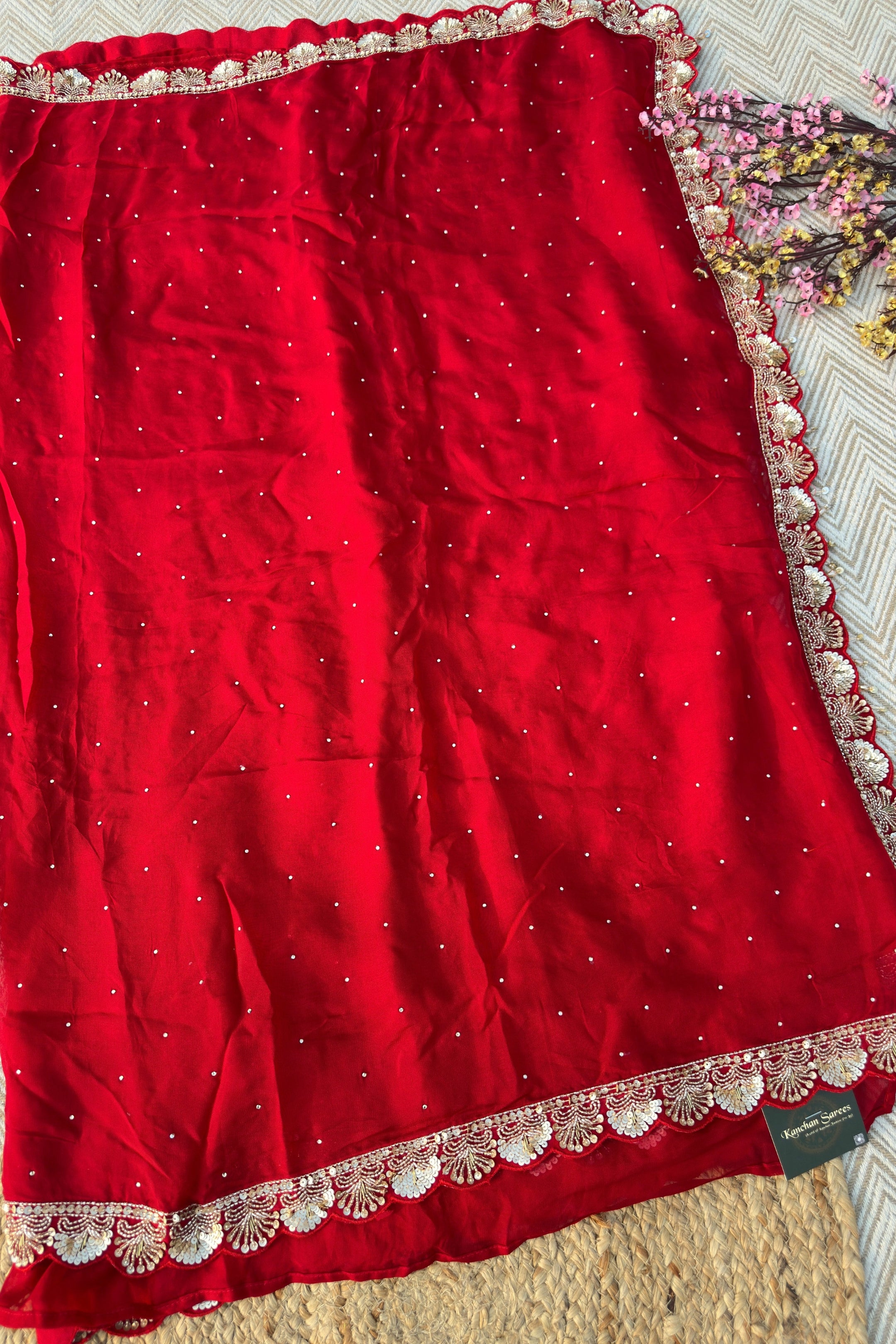 Red Organza Saree Embellished With Sequins & Cut Dana Work
