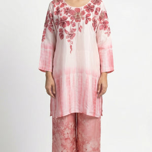 Pink Satin Crepe Coord Set with Sequins, Hand Print, Zari & Stone Detailing