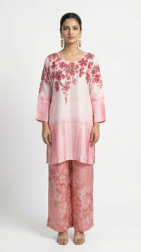 Pink Satin Crepe Coord Set with Sequins, Hand Print, Zari & Stone Detailing