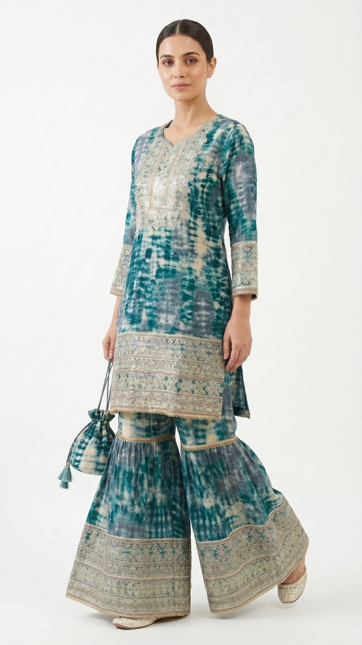 Green Muslin Zari and Thread Sequins