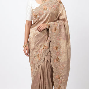 Mauve Tissue Unstitched Saree with Zardozi, Zari & Dabka Work