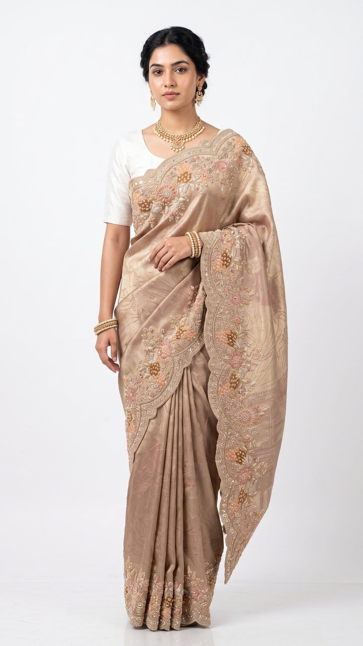 Mauve Tissue Unstitched Saree with Zardozi, Zari & Dabka Work