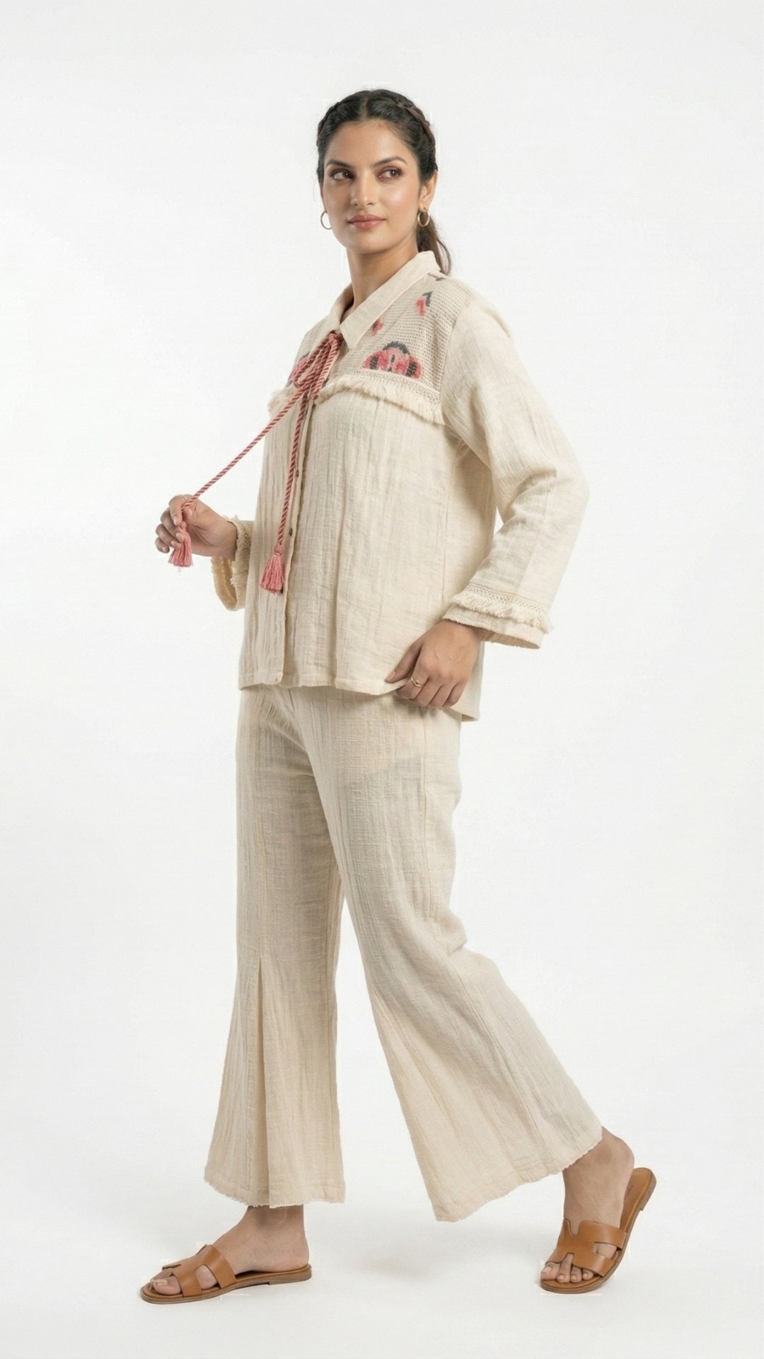 Beige Jute Coord Set with Thread Work