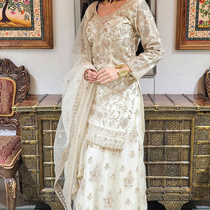 Cream Net Cream Suit with Swarovski Work and Dupatta