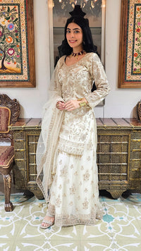 Cream Net Cream Suit with Swarovski Work and Dupatta