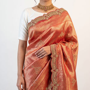 Rani Banarasi Silk Unstitched Saree with Dupatta Embellished with Thread & Stone Work