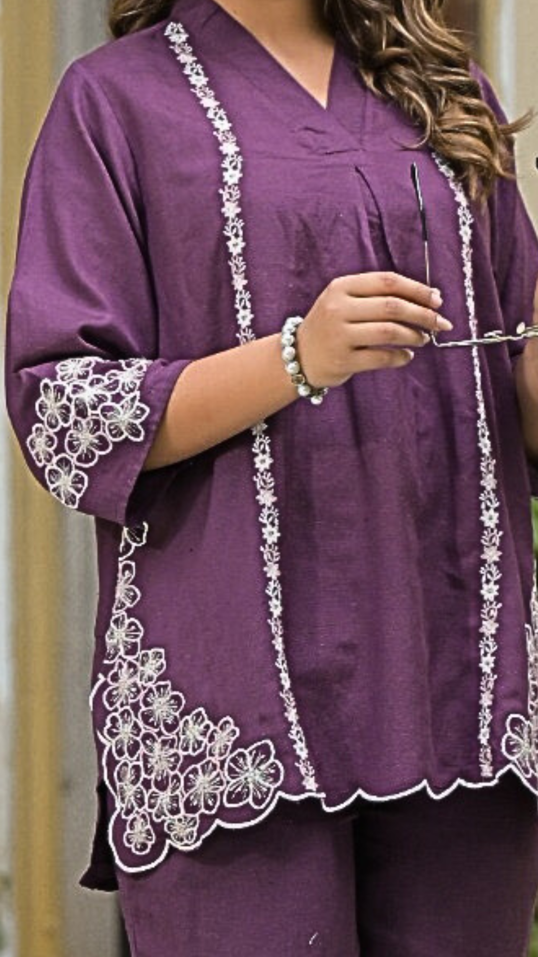 Grape Purple Linen Cotton Coord Set with Thread Embroidery