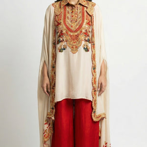 Beige & Red Digital Printed Crepe Coord Set with Cape Embellished with Pearl, Sequins & Sippi