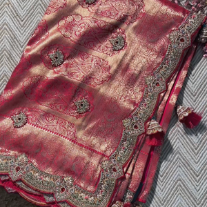 Rani Banarasi Silk Unstitched Saree with Dupatta Embellished with Thread & Stone Work