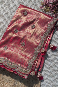 Rani Banarasi Silk Unstitched Saree with Dupatta Embellished with Thread & Stone Work
