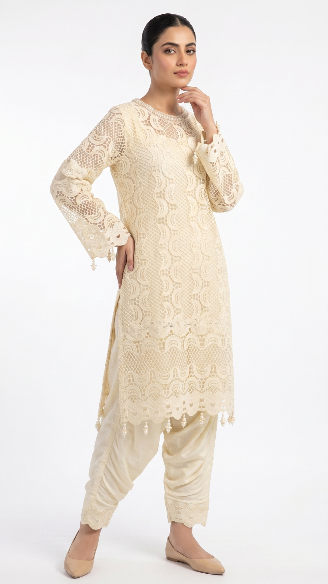 Off White  Muslin Cutwork lace and  Pearl Sequins
